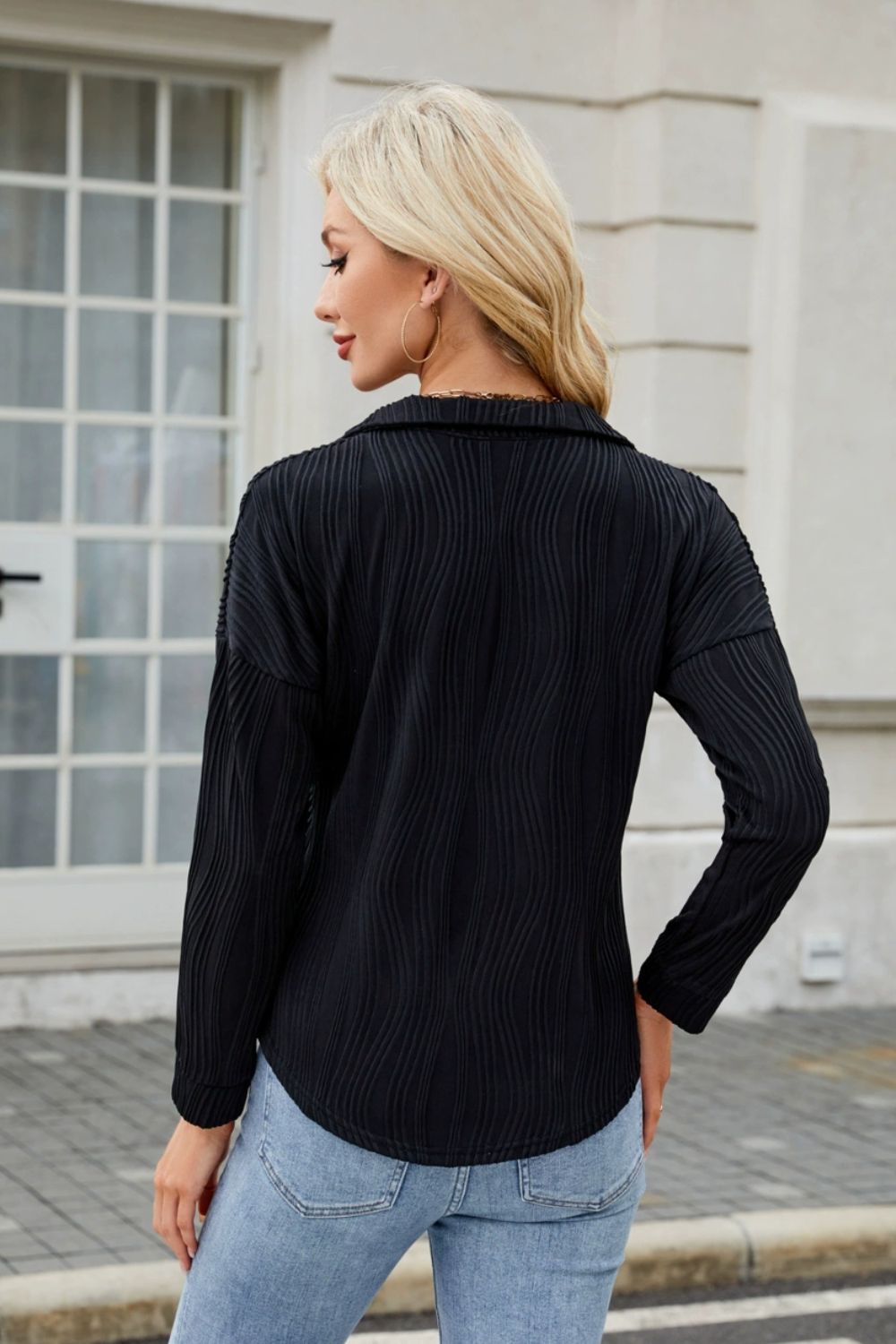 Texture Collared Neck Long Sleeve Blouse