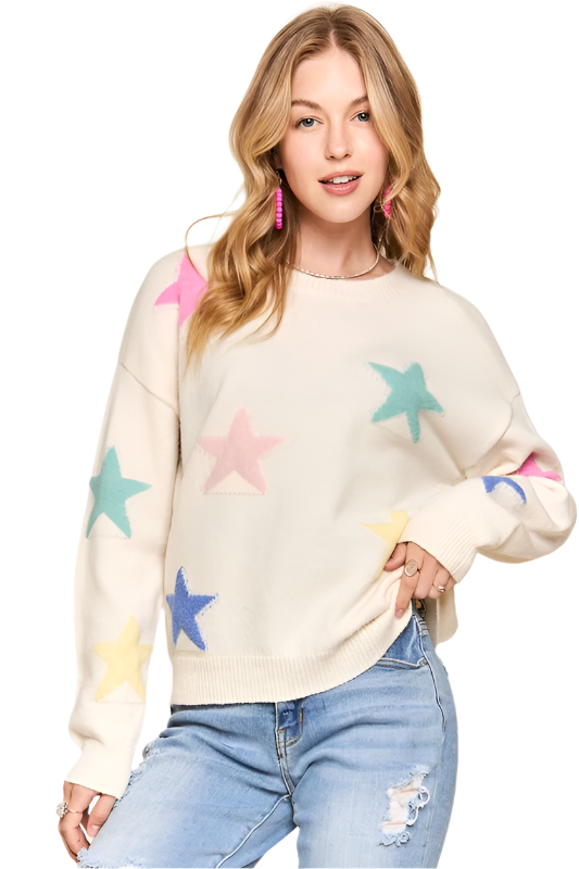 ADORA Stars Pattern Round Neck Drop Shoulder Sweater