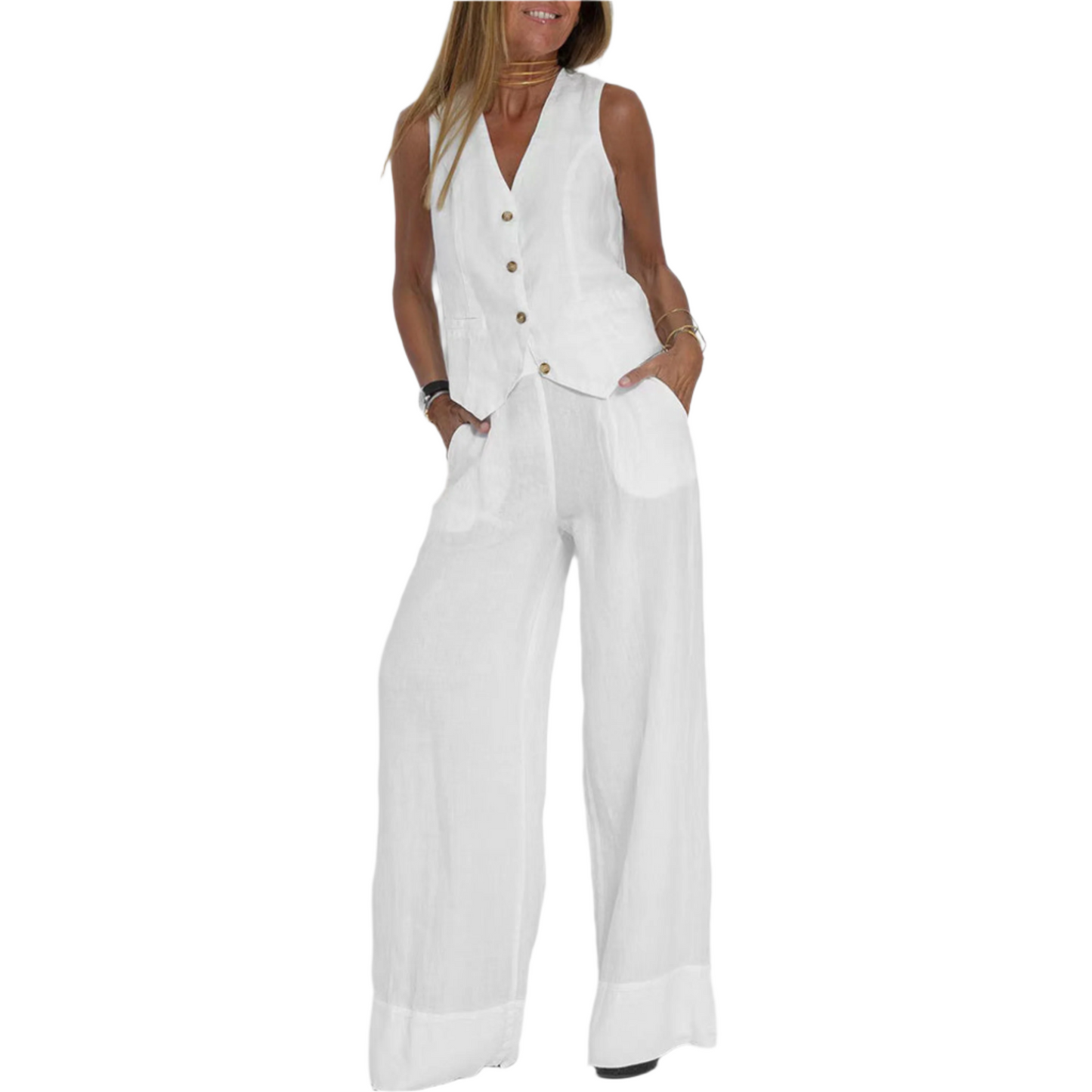Summer Vest Suits V-neck Botton Sleeveless Top And Loose Straight Trousers Casual Womens Clothing