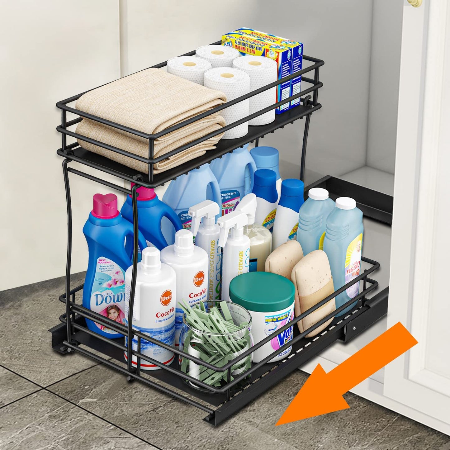 2 Pack, Medium Metal Pull Out Cabinet Organizer, Kitchen Bathroom Organizer And Storage Rack With Sliding Drawers, Storage Rack, Storage And Organization For Home, Laundry Room, RV, Pantry, Spices