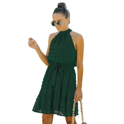 Jacquard Cutout Skirt Halterneck Chiffon Dress