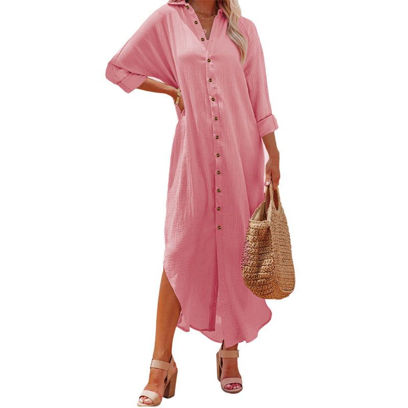Women's Cardigan Breasted Solid Long Sleeve Dress
