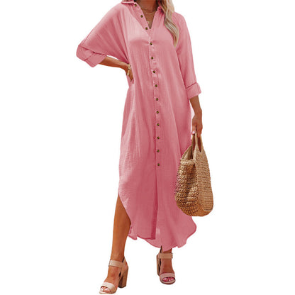 Women's Cardigan Breasted Solid Long Sleeve Dress
