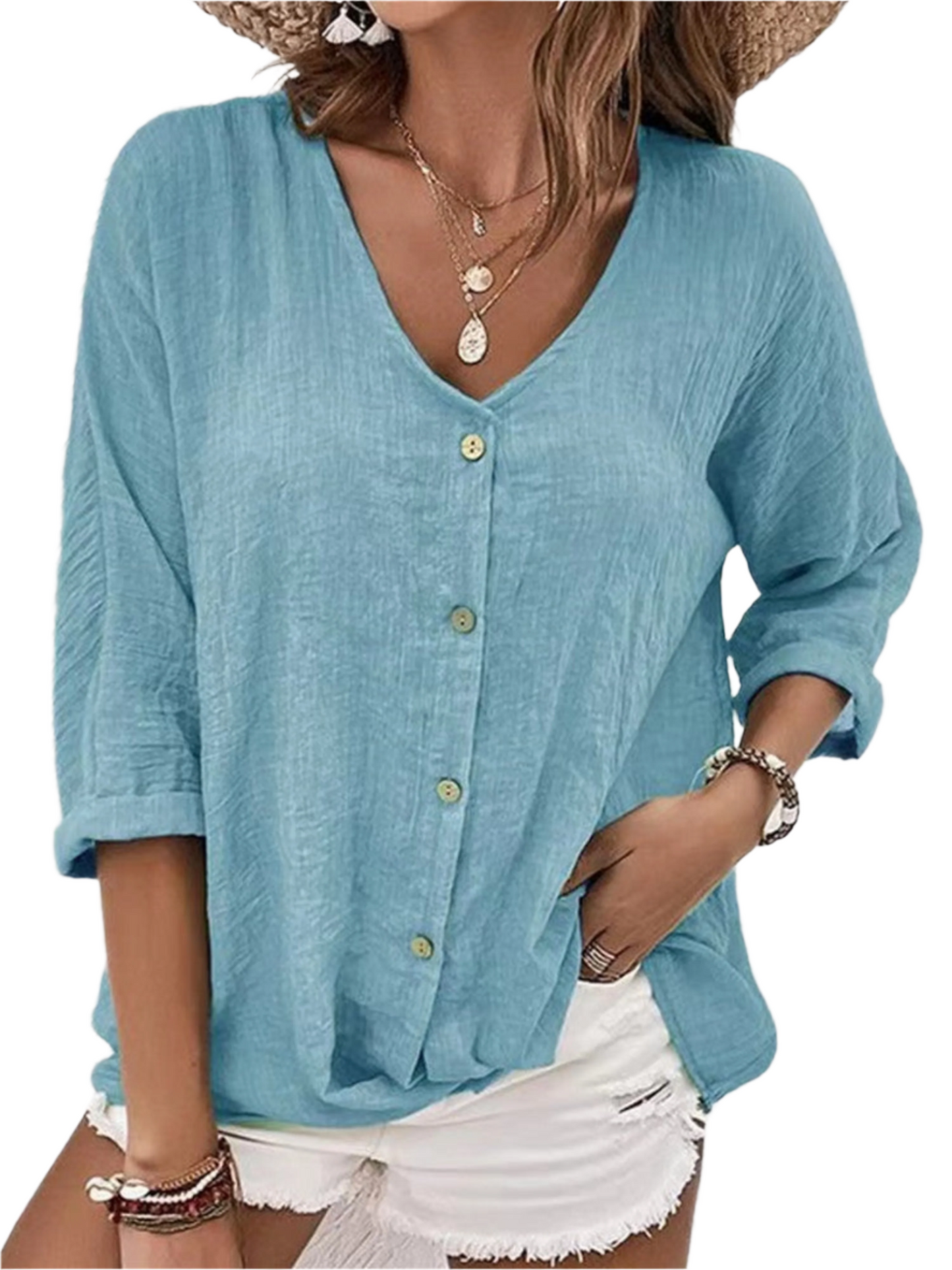 V-neck Long-sleeved T-shirt Fashion Solid Color Button Top Casual Loose Clothing For Women