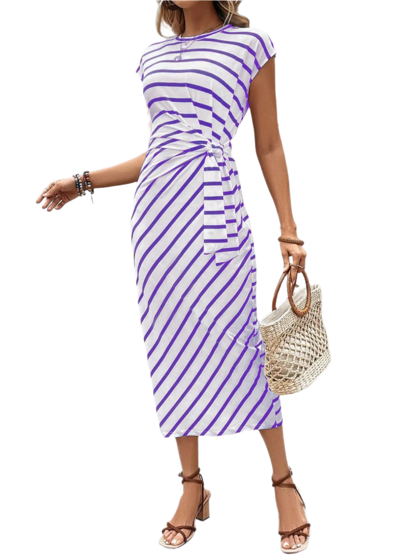 Elegant Waist Strap Striped Round Neck Short Sleeve And Long Pattern Dress