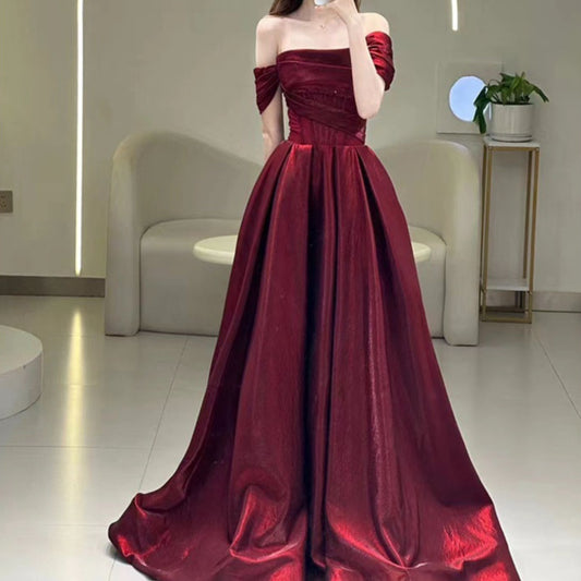 Wine Red Off-shoulder French Suit Bridal Slimming Toast Clothing Dress