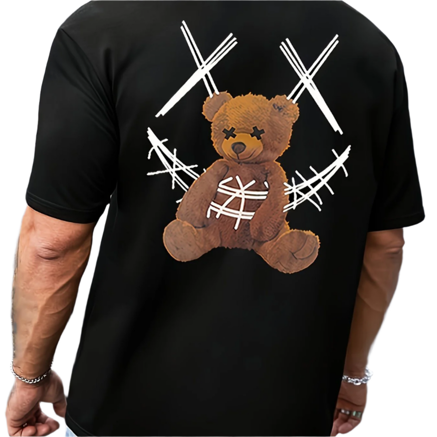 Men's Bear Print T-shirt, Casual Short Sleeved Round Neck T-shirt, Outdoor Men's Clothing