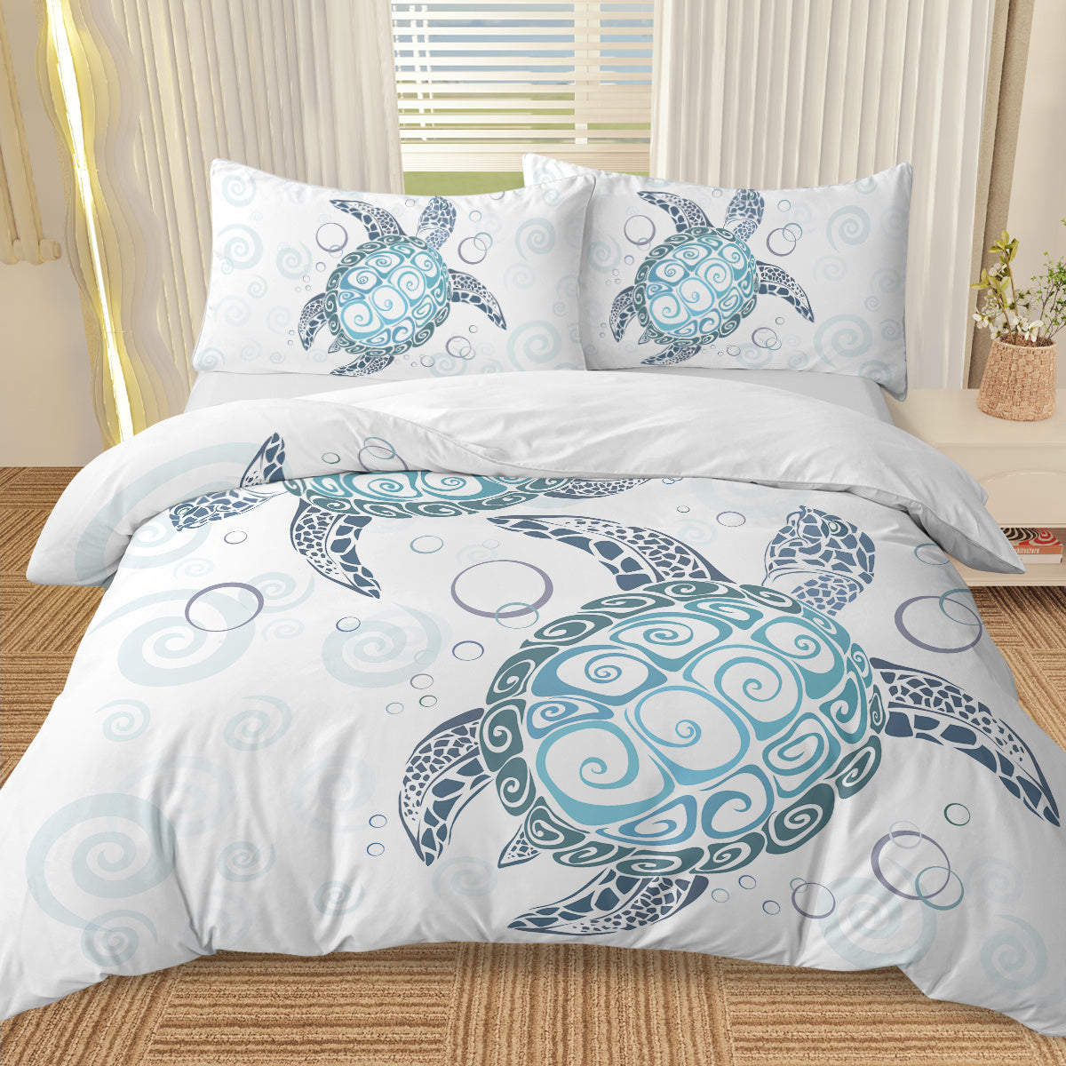 Three Piece Self-produced Bedding Set ,duvet Cover, Pillowcase Back White, Ten Grid Turtle, American Small Size