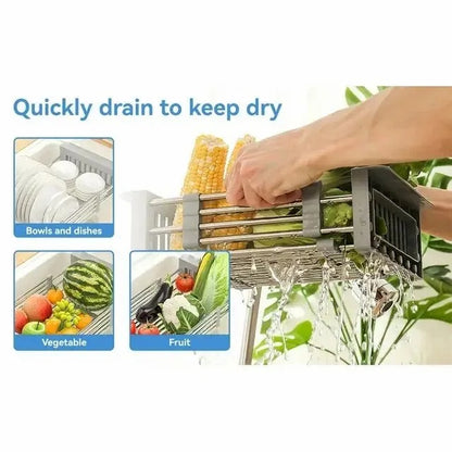 Adjustable Immersion Sink Dish Drying Rack With Stainless Steel Drain Basket - Portable And Retractable Space-Saving Fruit And Vegetable Solution